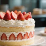 Strawberry Cream Cake topped with whipped cream and fresh strawberries