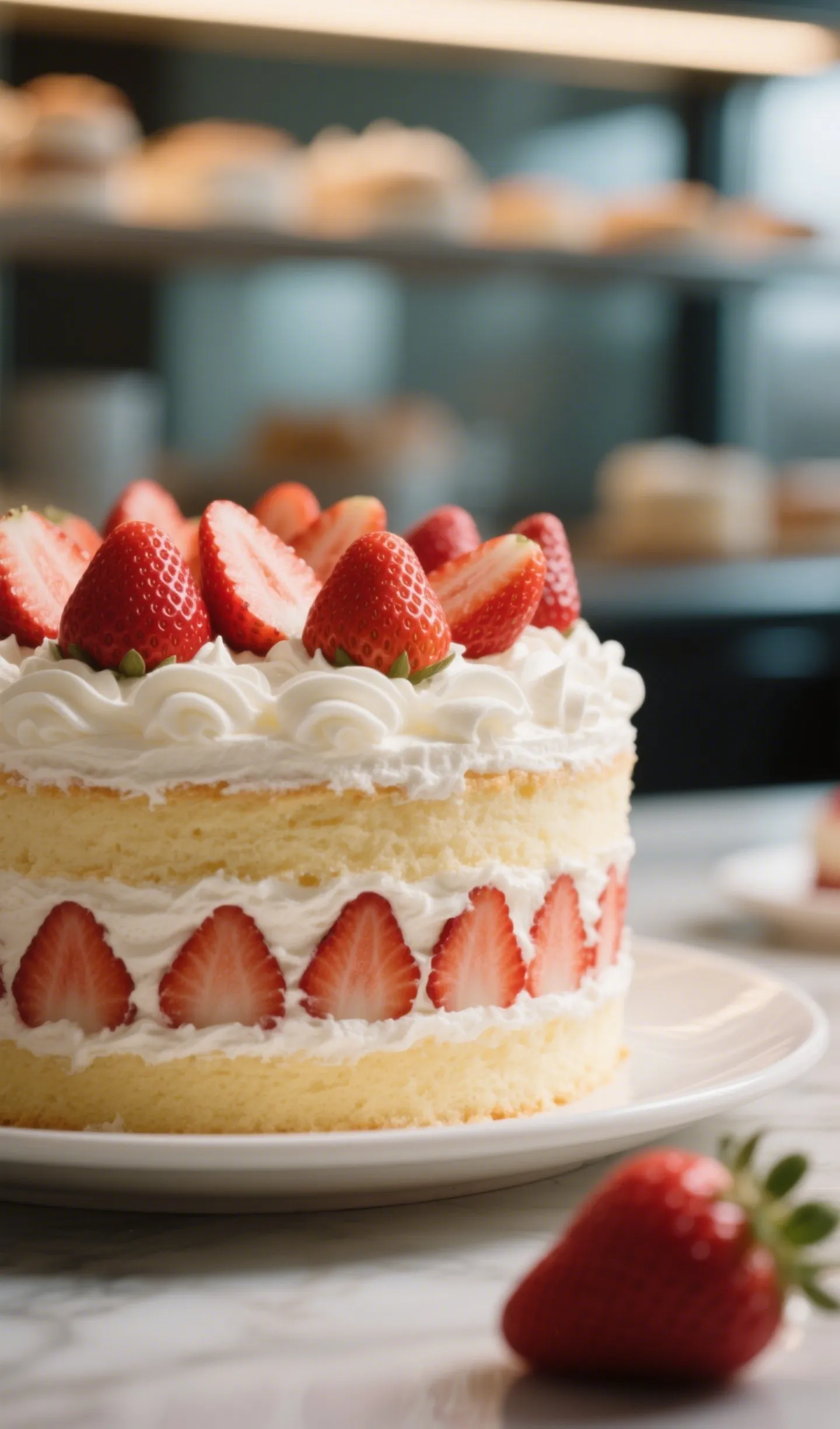 Strawberry Cream Cake topped with whipped cream and fresh strawberries
