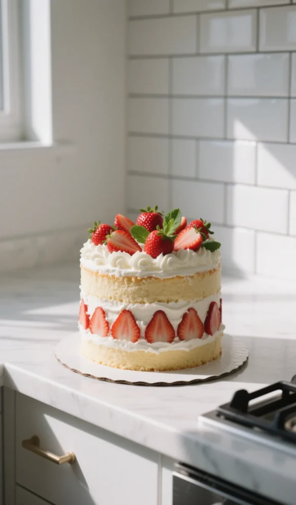 Decorated Strawberry Cream Cake with whipped cream and fresh strawberries in a modern kitchen