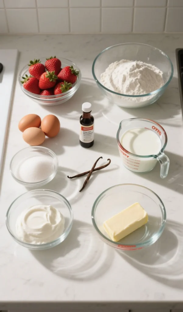 Ingredients for homemade strawberry cream cake on kitchen counter
