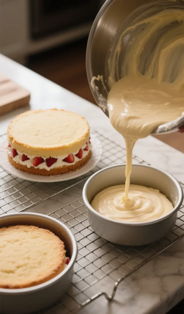 Pouring strawberry cream cake batter into a round pan beside layered cake on marble surface
