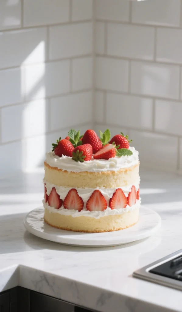 Styled slice of strawberry cream cake with cream and mint garnish