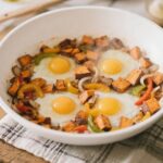 halal sweet potato breakfast hash in skillet