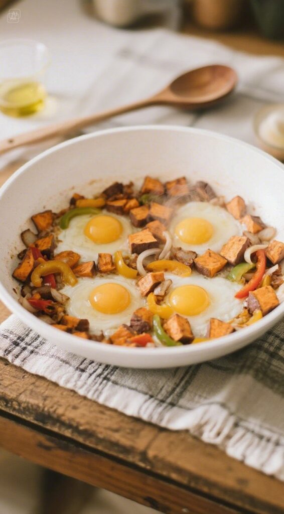 halal sweet potato breakfast hash in skillet