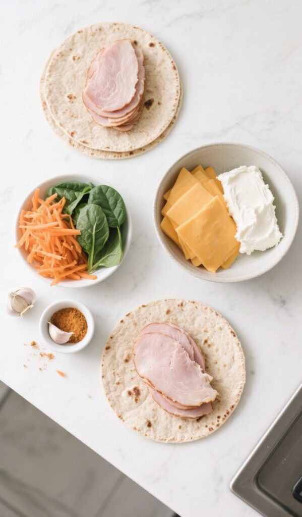 Ingredients for turkey and cheese roll laid on countertop