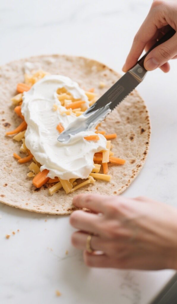 Spreading filling on tortilla for turkey cheese roll