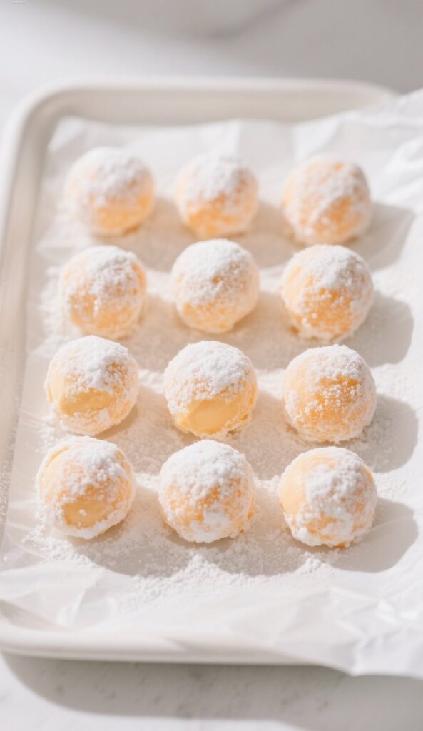 Orange Creamsicle Truffles stacked on a white marble plate