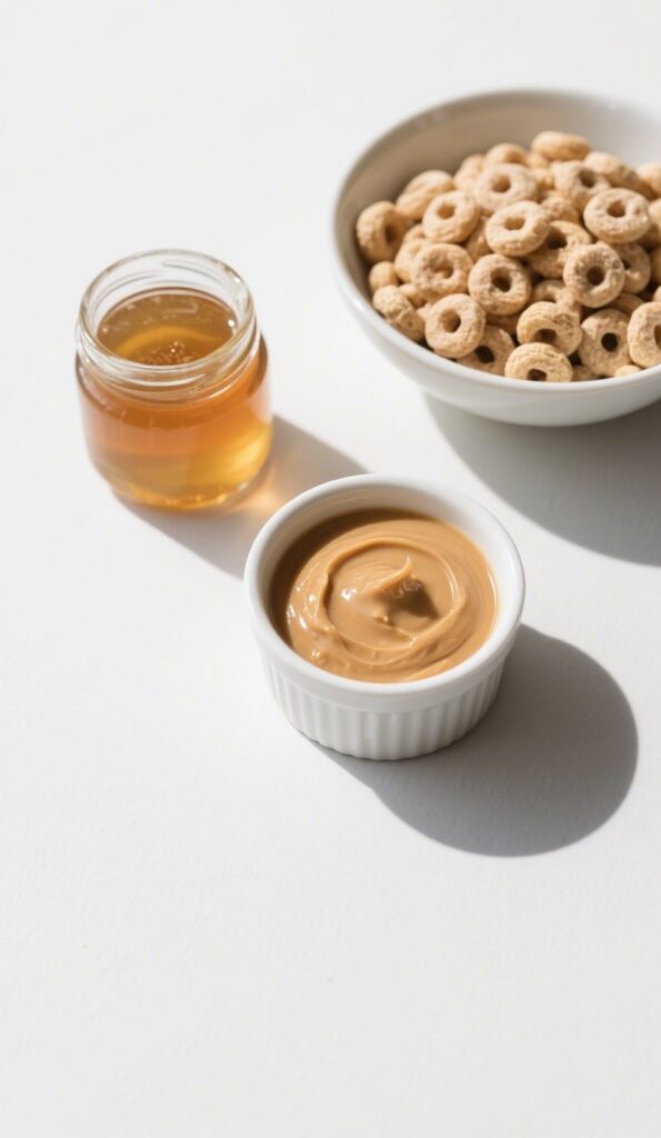Cereal bar ingredients with peanut butter, honey, and cereal