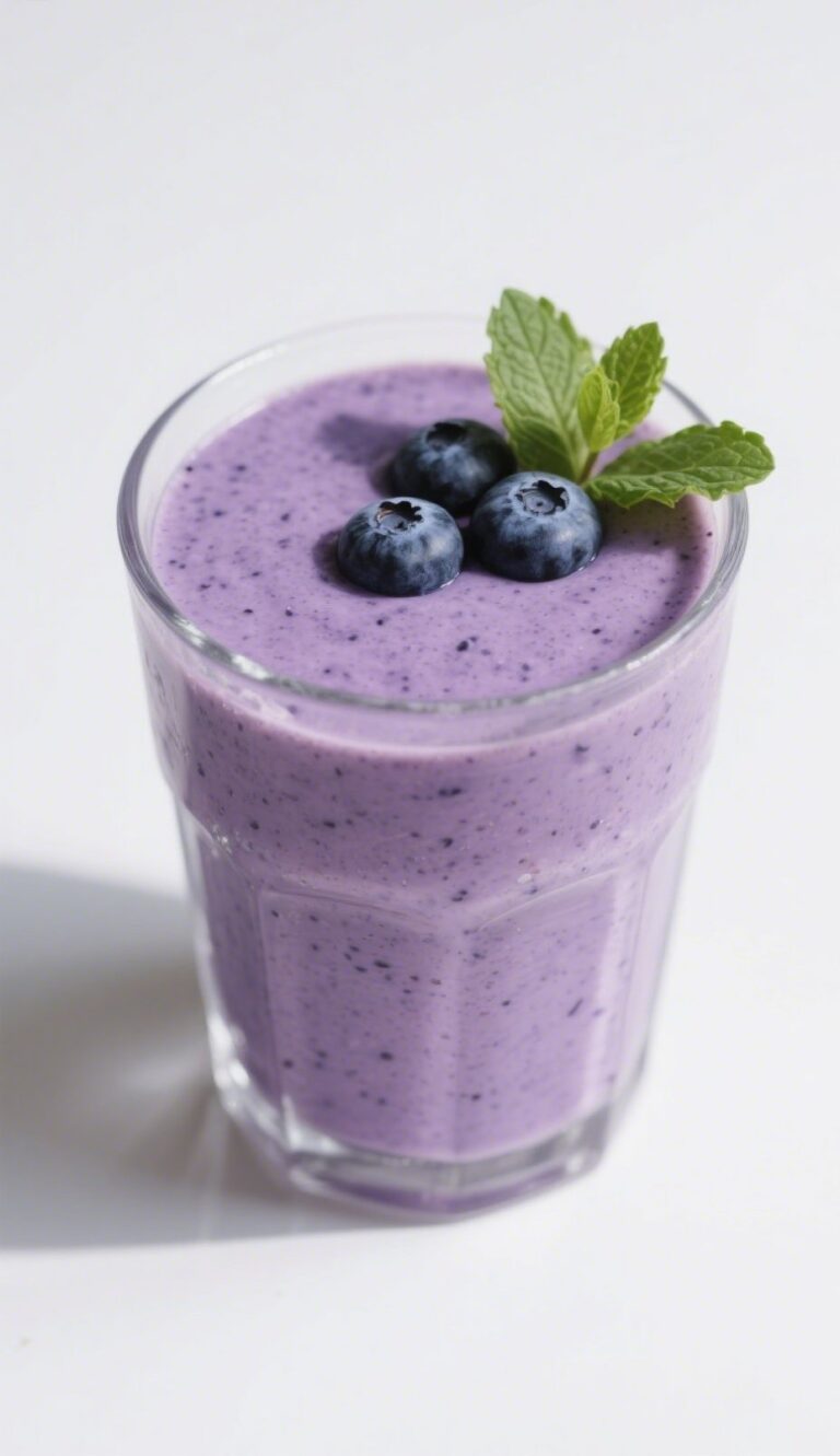 Blueberry Coconut Smoothie in a glass topped with blueberries and coconut flakes