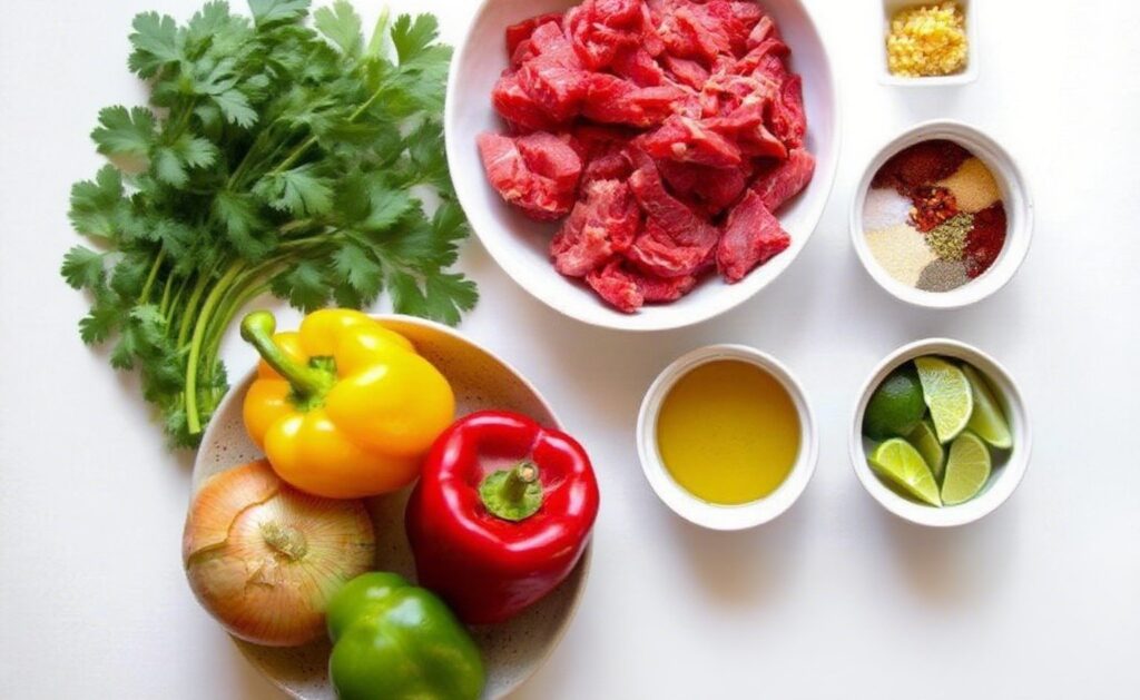 Raw ingredients for steak fajitas arranged on a white background.