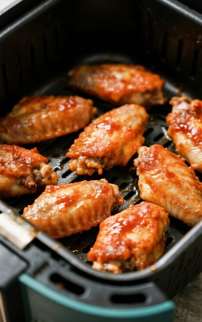 Whole30 crispy chicken wings cooking in an air fryer basket at 375°F.