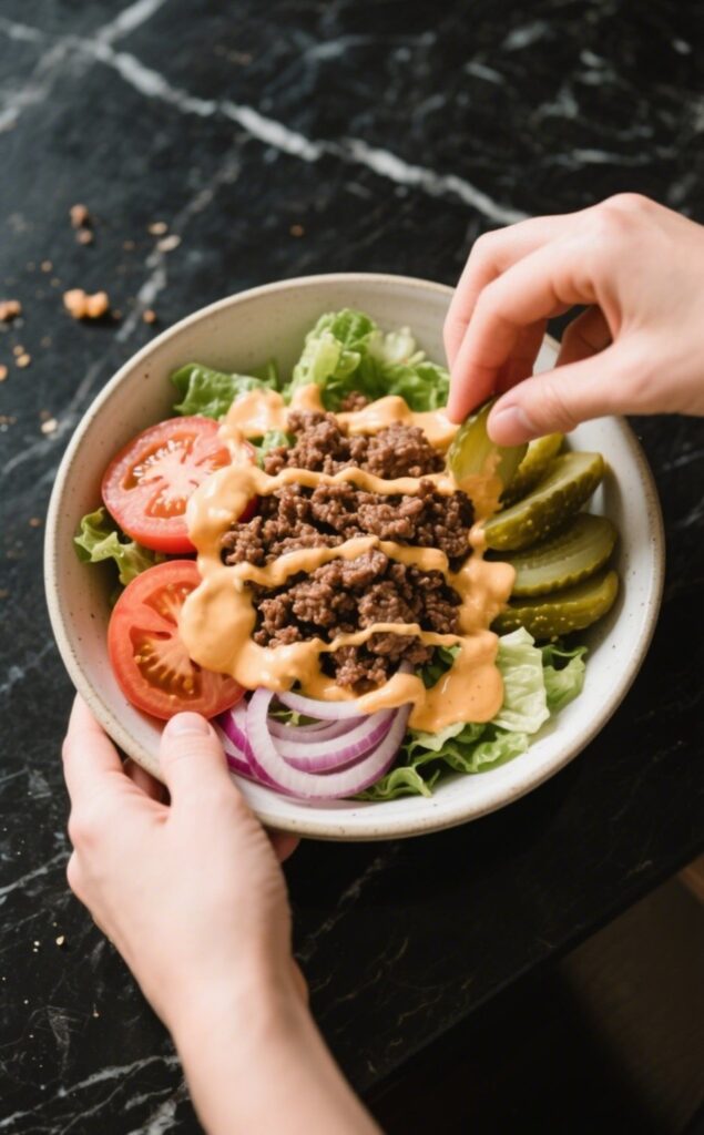 Assembling Whole30 Burger Bowls with lettuce, ground beef, tomato, and sauces
