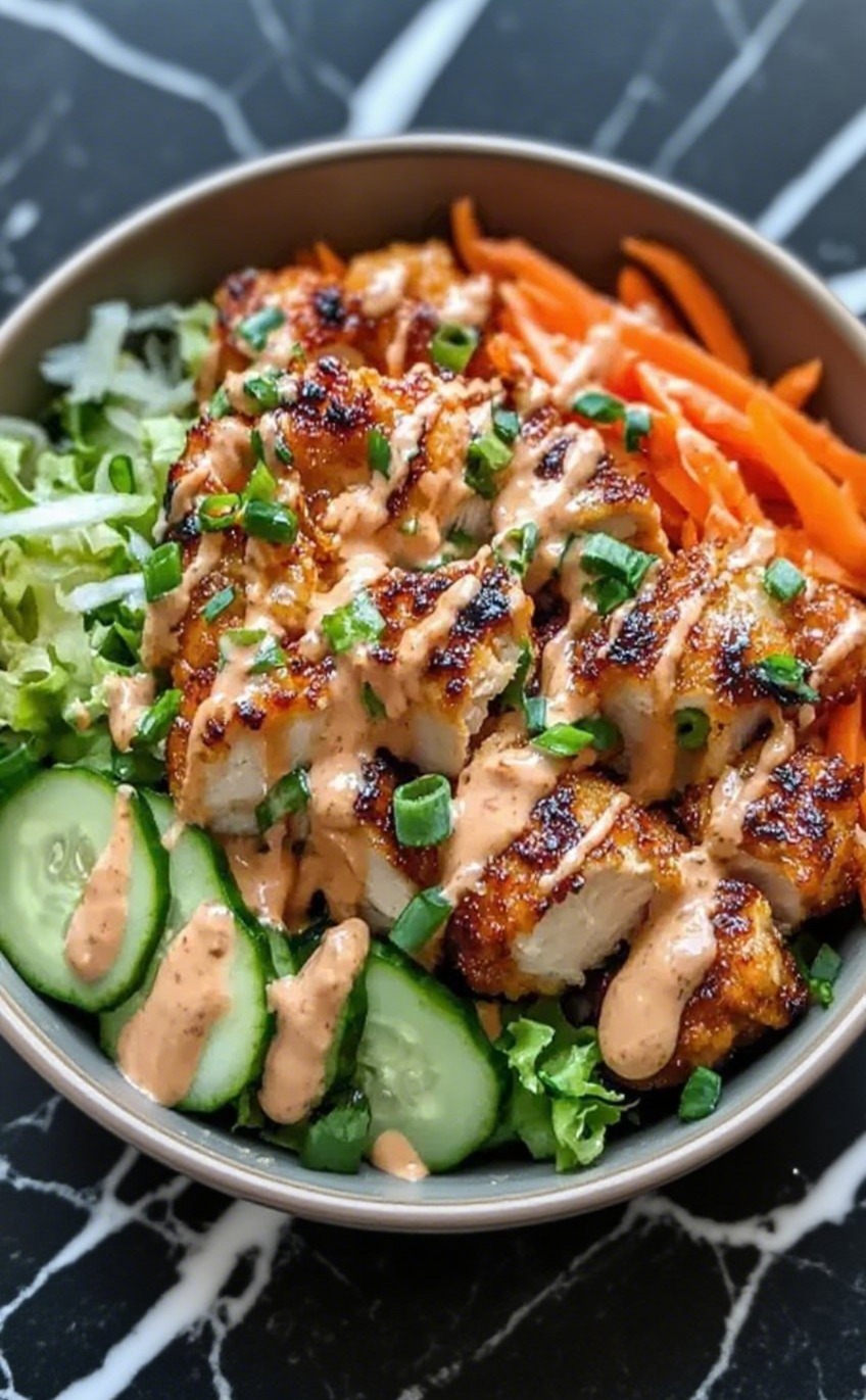 Bang Bang Chicken Bowl with crispy chicken, fresh vegetables, and creamy sauce
