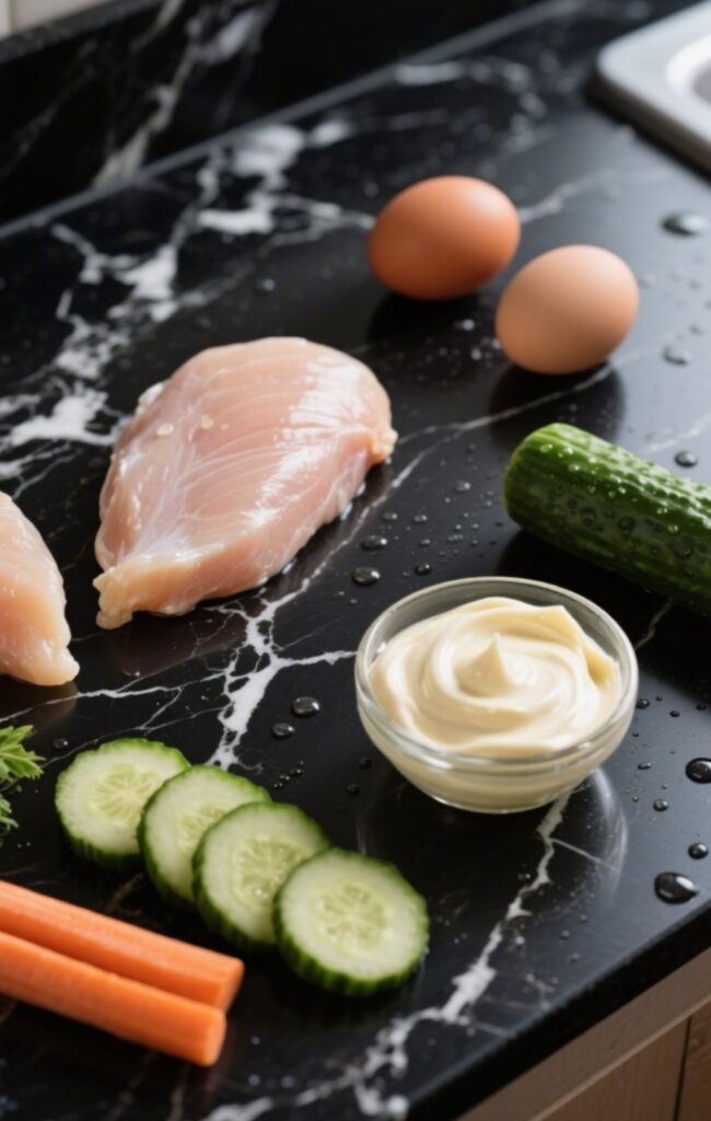 Ingredients for a Bang Bang Chicken Bowl spread out on a black marble countertop, with chicken breast, flour, eggs, panko breadcrumbs, and vegetables.