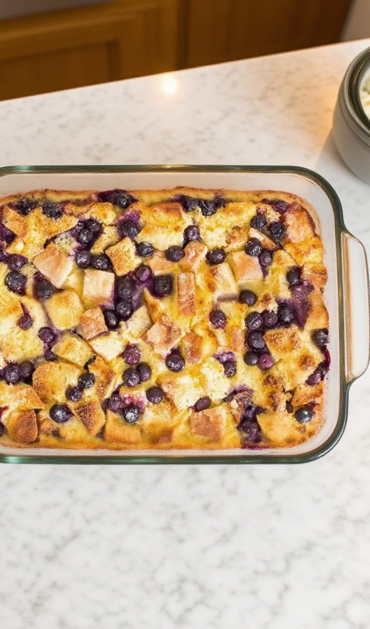 Freshly baked blueberry French toast casserole in dish