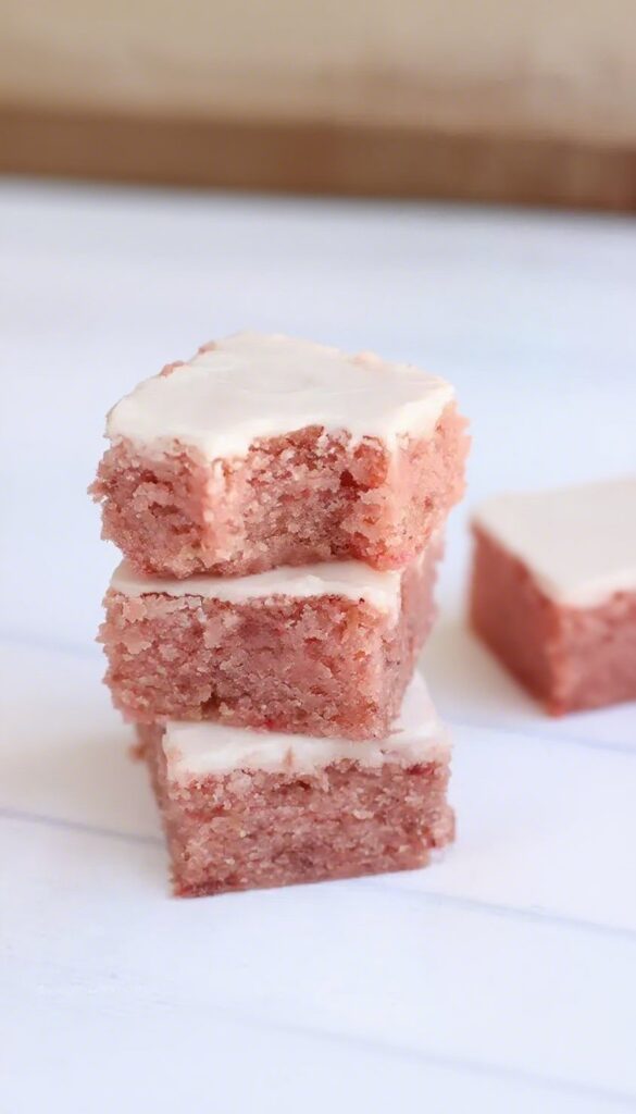 Freshly baked strawberry brownies with silky glaze.