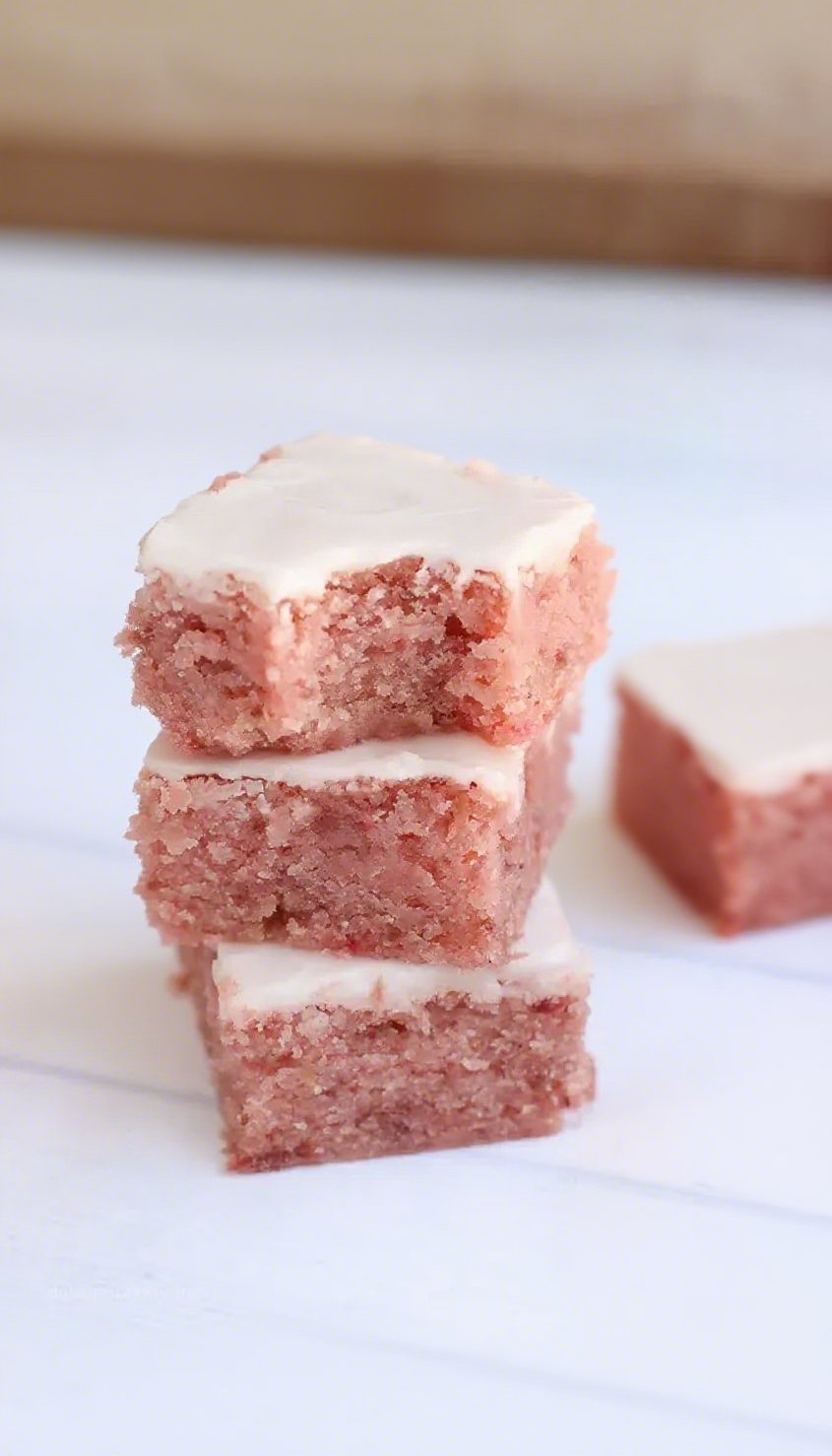 Freshly baked strawberry brownies with silky glaze.
