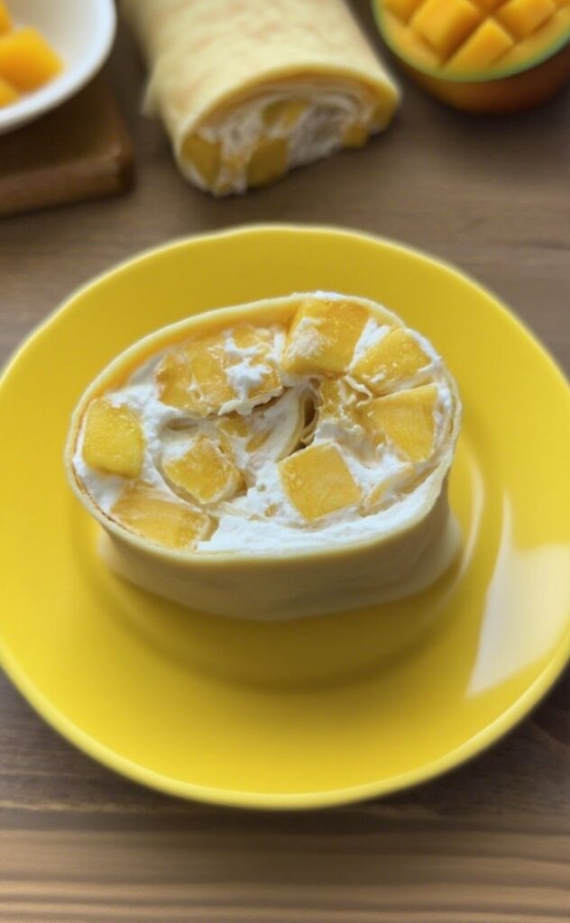Details of whipped cream and fresh mango inside Mango Crepe Roll