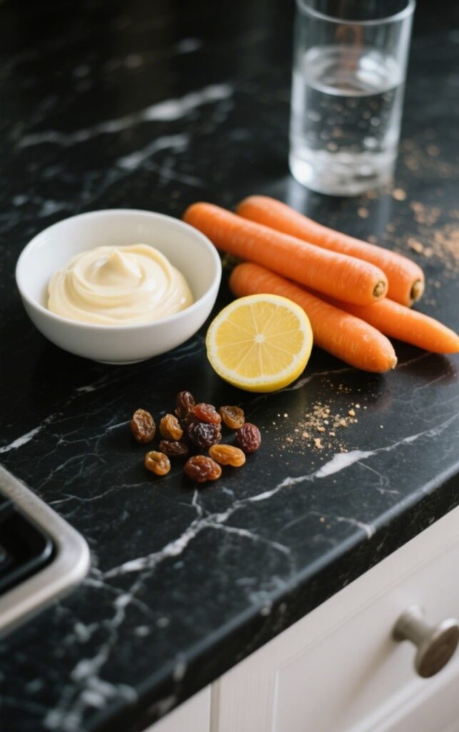 Fresh ingredients for carrot raisin salad