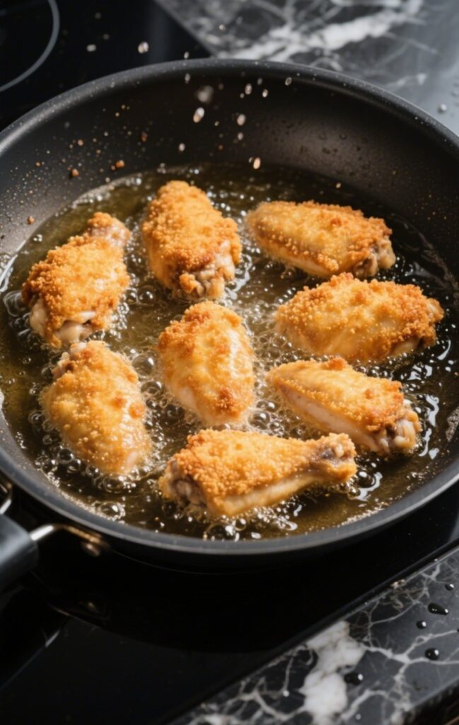Breaded chicken frying in a pan