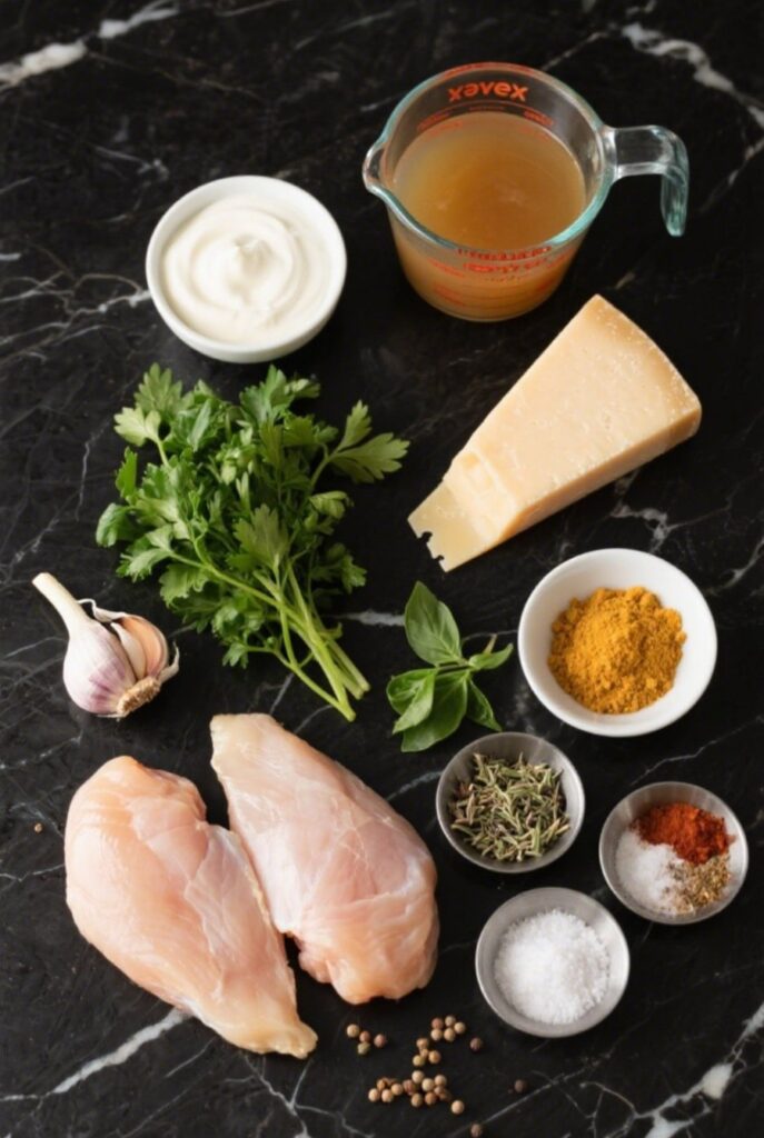 Ingredients for Garlic Parmesan Chicken on a black marble countertop, including chicken breasts, garlic, Parmesan cheese, spices, and more.