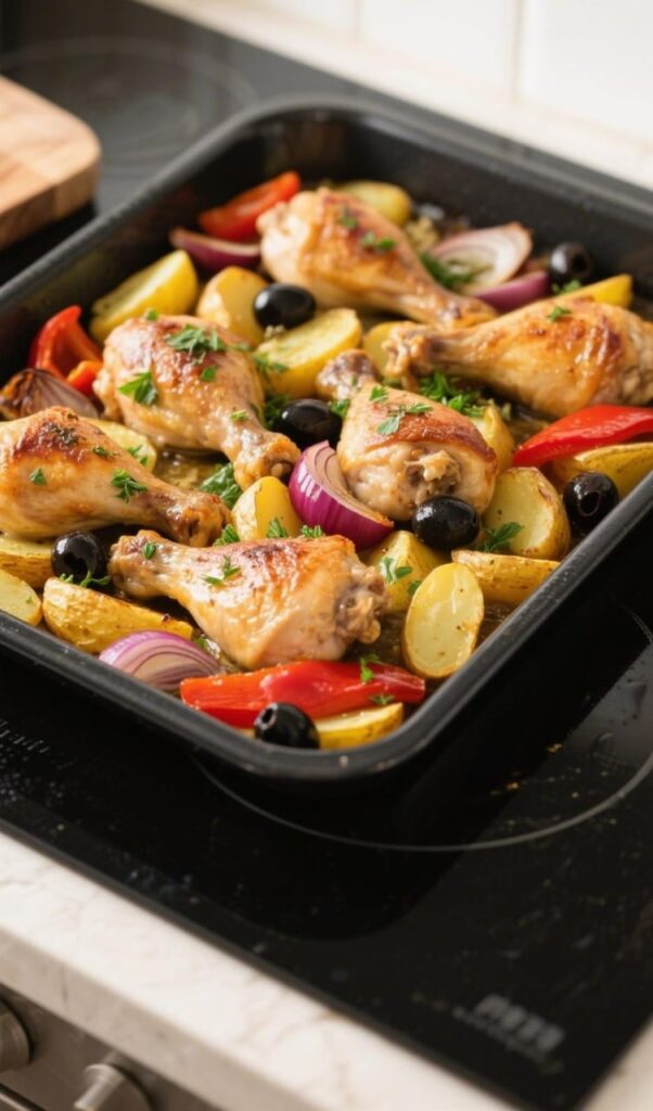 Voici notre version du Greek Sheet Pan Chicken, un plat simple mais plein de soleil. Rôti au four avec des légumes méditerranéens, le tout bien doré et parfumé aux herbes grecques. Idéal pour un dîner familial sans stress… et sans vaisselle !