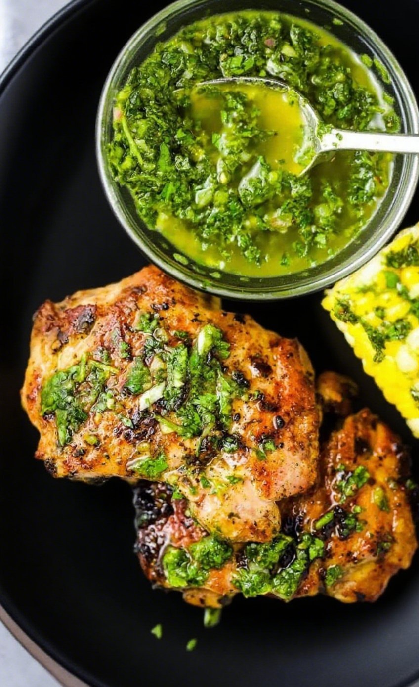 Grilled Chimichurri Chicken Thighs with fresh herbs and vegetables