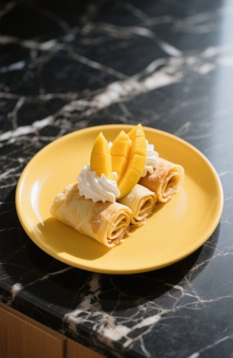 Mango crepe rolls on a yellow plate, garnished with whipped cream and mango