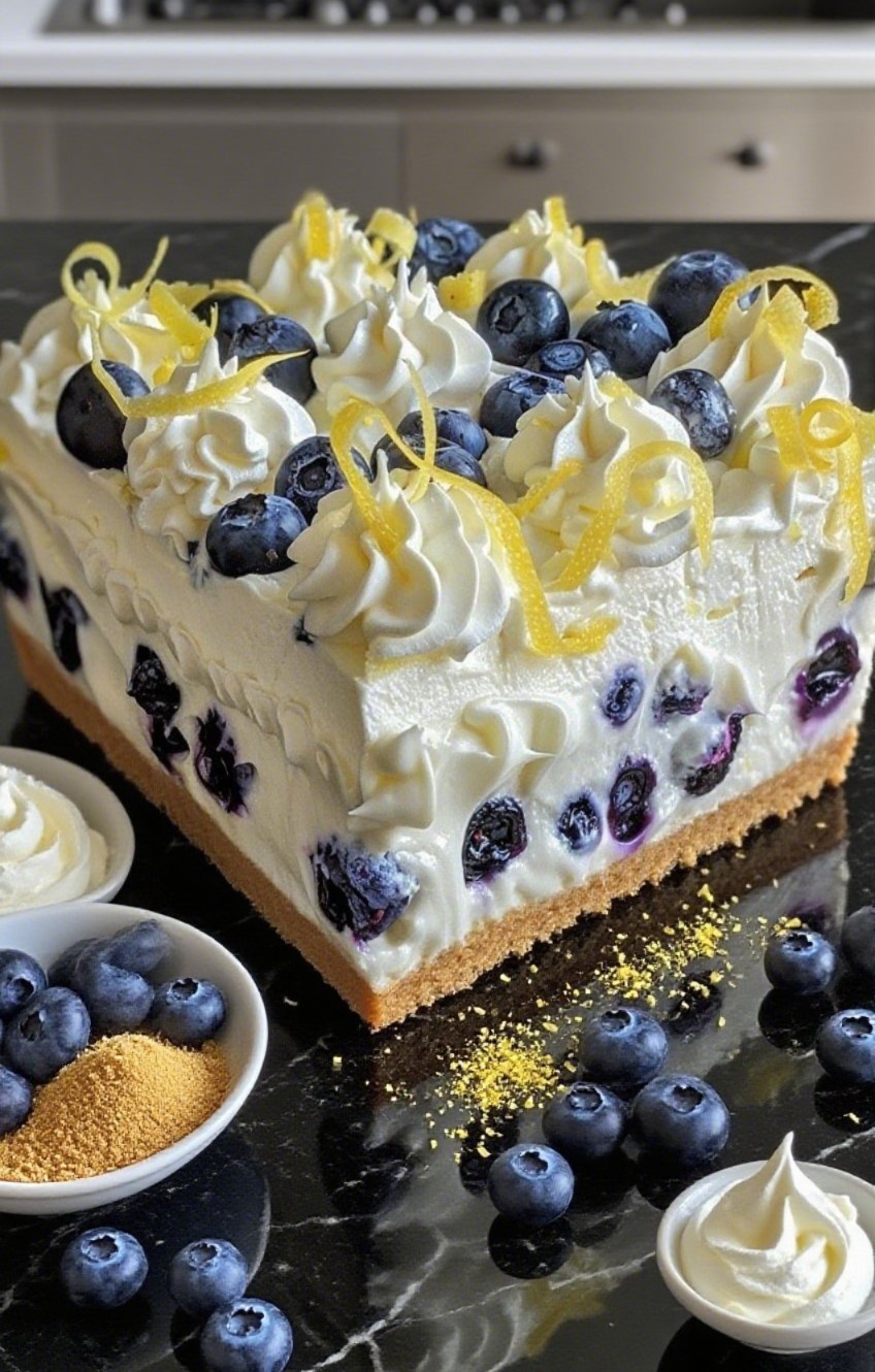 No-Bake Lemon Blueberry Cream Cake with a buttery graham cracker crust and a creamy lemon filling, topped with fresh blueberries.