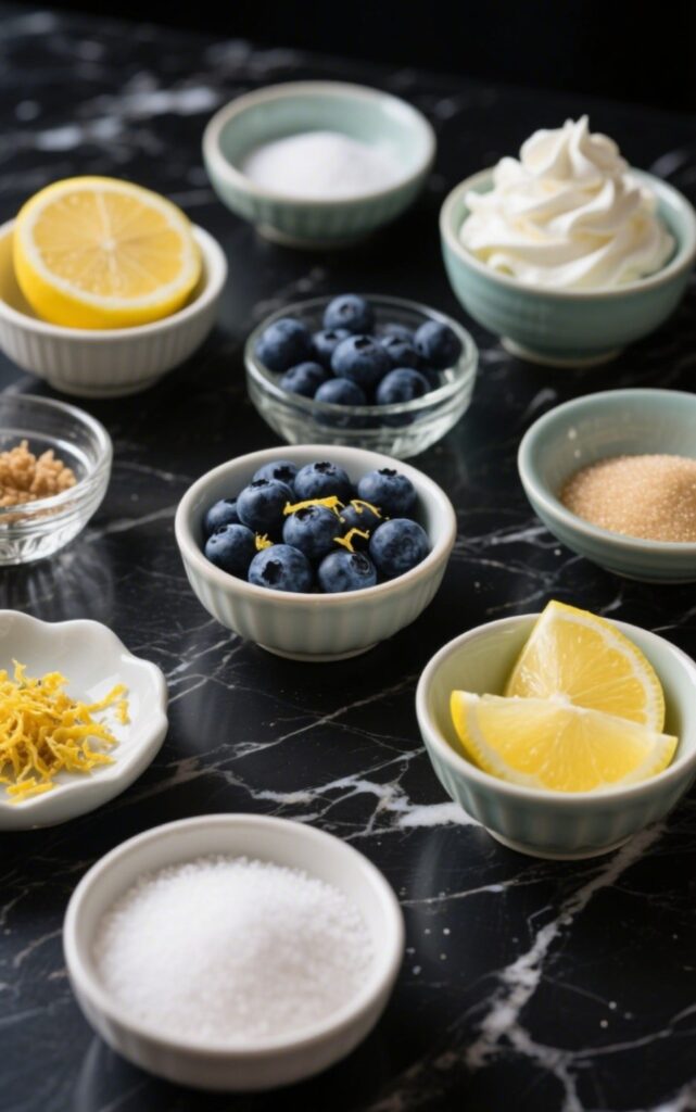 Ingredients for No-Bake Lemon Dazzling Blueberry Cream Cake arranged on a dark marbled countertop, highlighting fresh blueberries, lemon zest, and whipped cream.