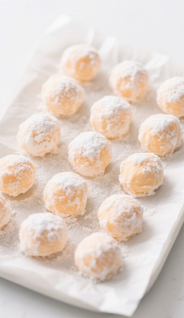 Orange Creamsicle Truffles stacked on a white marble plate