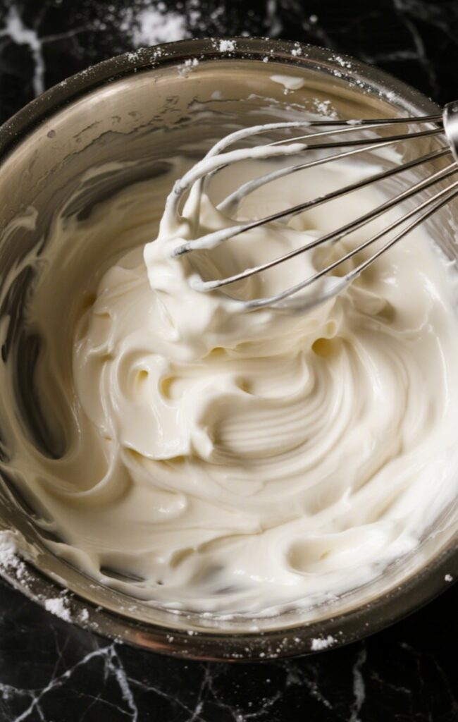 Preparing whipped cream in a metal bowl