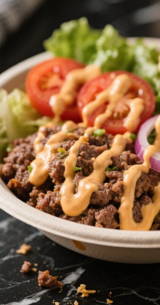 Serving Whole30 Burger Bowls with fresh toppings and roasted veggies