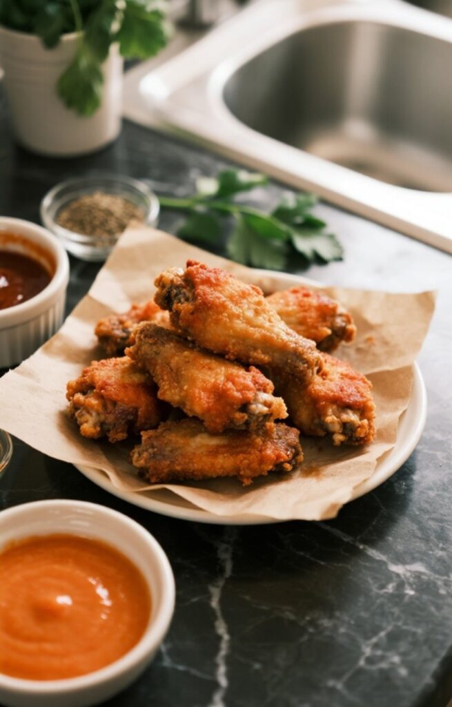 Golden and crispy Whole30 chicken wings stacked on parchment paper with buffalo and BBQ sauces.
