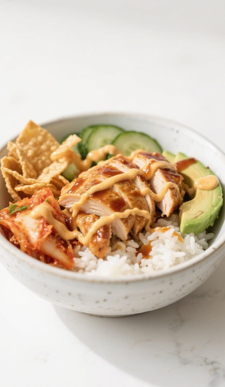 spicy honey-ginger chicken bowl with yum yum sauce over rice