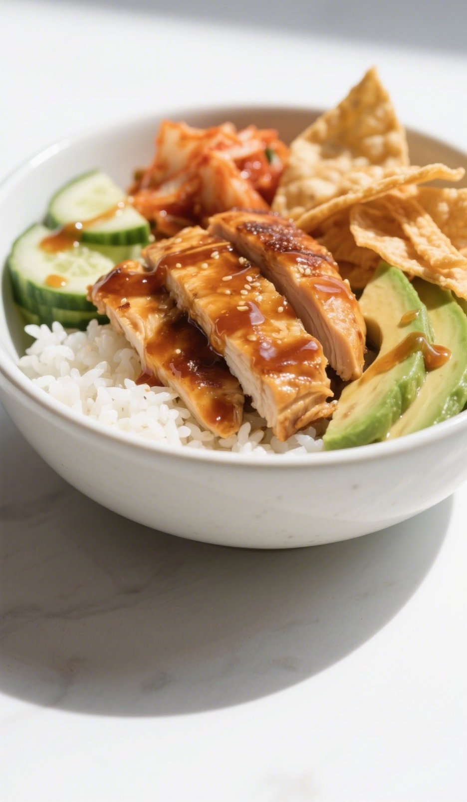 spicy honey-ginger chicken bowl with yum yum sauce over rice