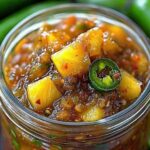 Spicy Pineapple Jalapeño Chutney in a glass jar with spoon and grilled chicken