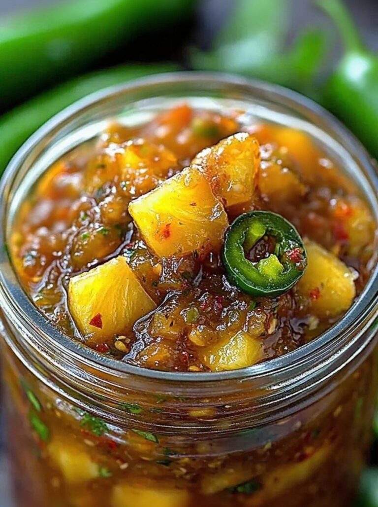Spicy Pineapple Jalapeño Chutney in a glass jar with spoon and grilled chicken