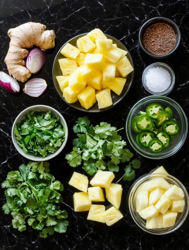 Ingredients for spicy pineapple jalapeño chutney including pineapple, jalapeños, onion, spices, and vinegar