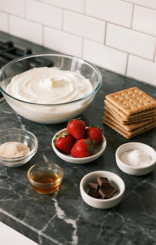 Ingredients for a strawberry icebox cake arranged on a dark gray marble countertop