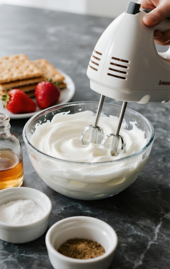 Preparation of a strawberry icebox cake with a hand mixer whipping cream on a marble counter