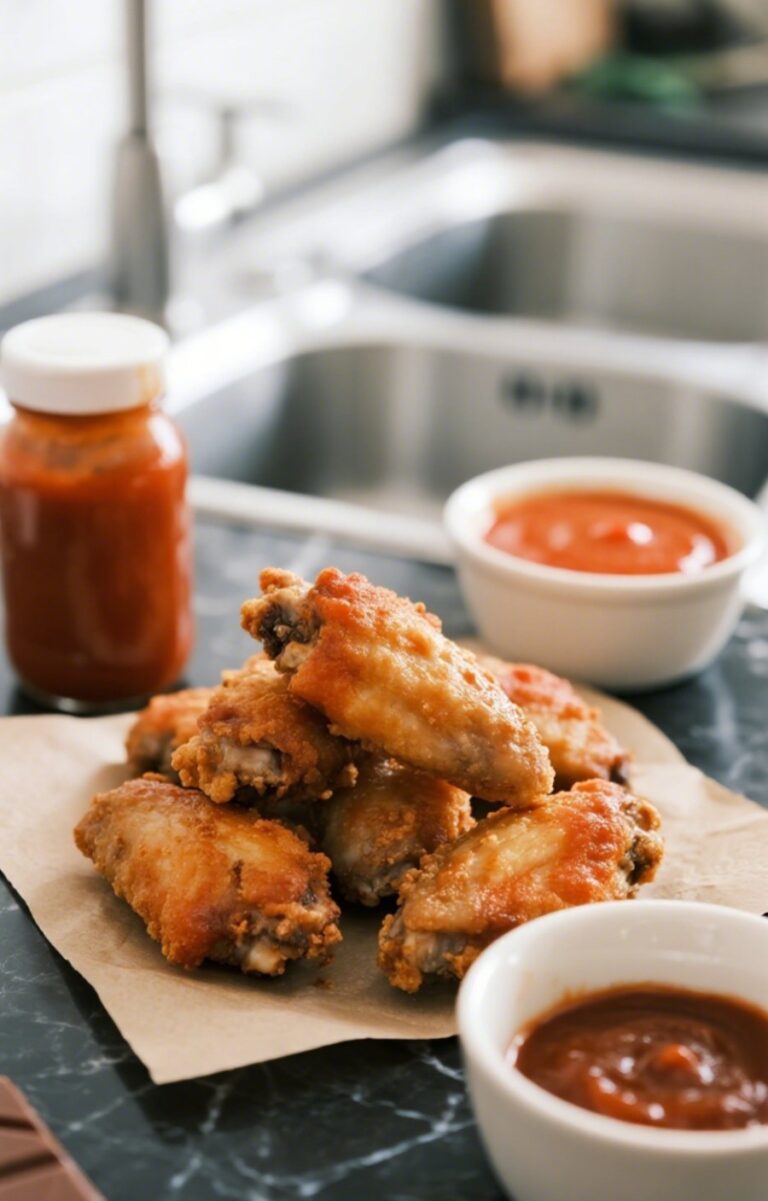 Golden crispy Whole30 chicken wings on parchment paper with sauces and fresh parsley