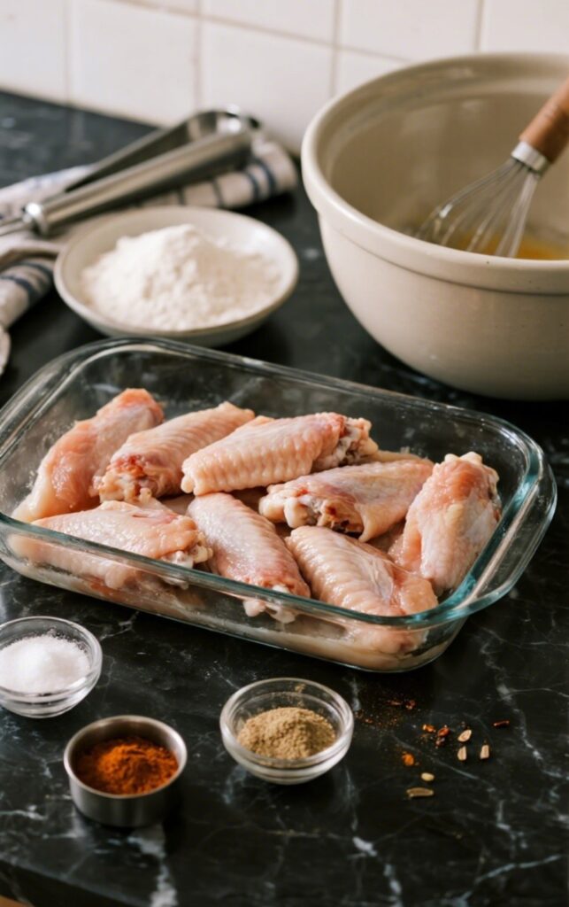 Ingredients for Whole30 Crispy Chicken Wings on a black marble countertop with visible traces of starch and spices.