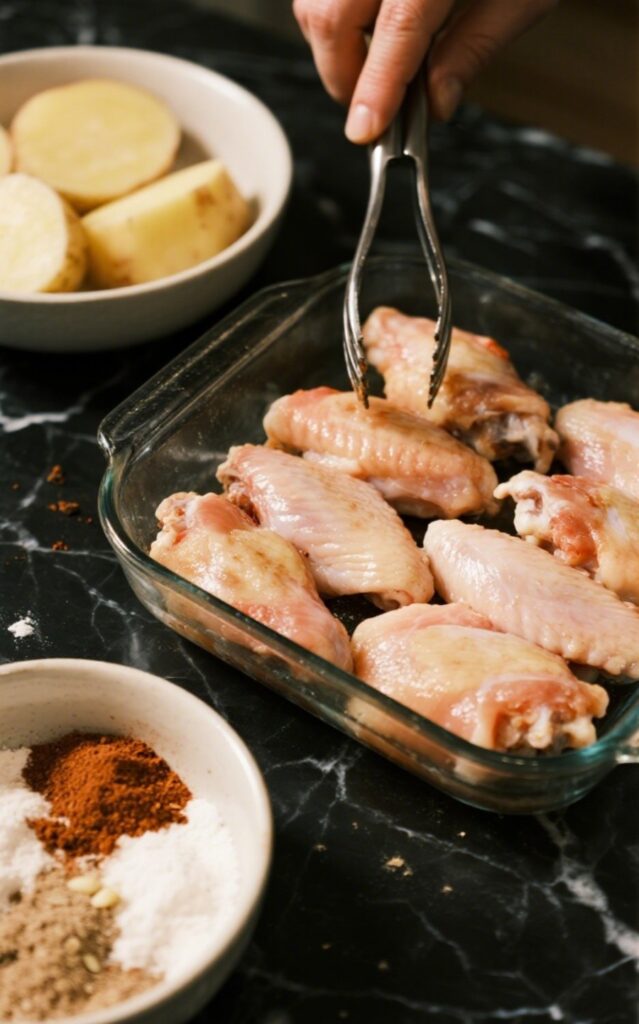 Preparing Whole30 crispy chicken wings by dipping raw wings into a spice mixtur