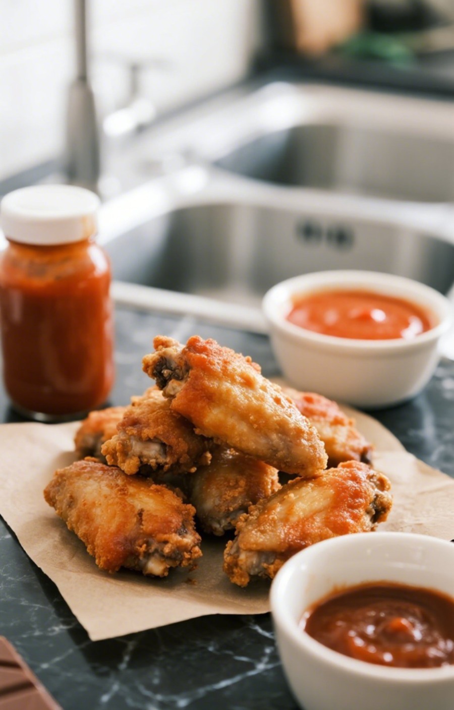 Golden crispy Whole30 chicken wings on parchment paper with sauces and fresh parsley