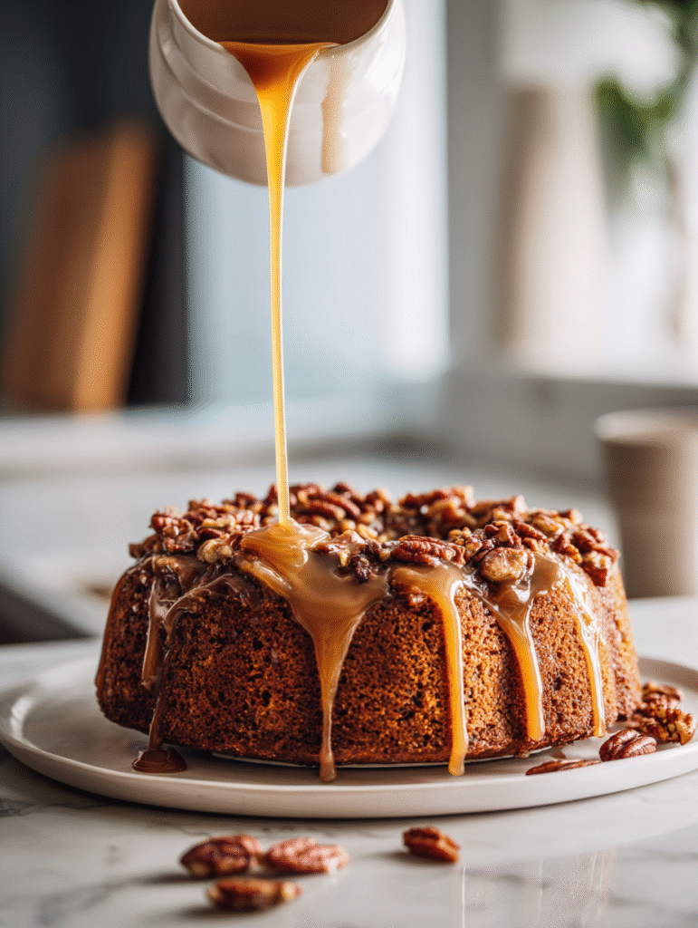 Apple pecan cake with caramel glaze served 
