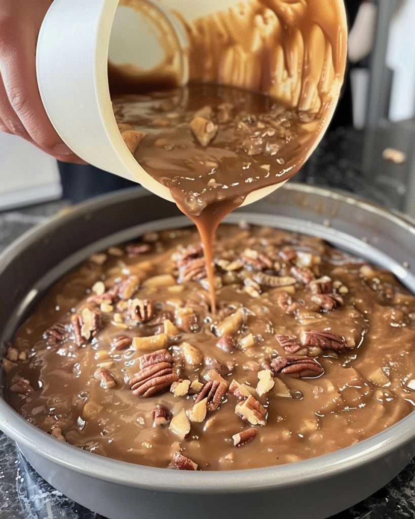 Pouring apple pecan cake batter with apple chunks and pecans into baking pan.