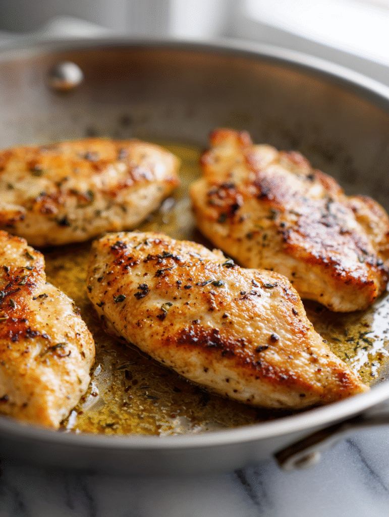 Close-up of chicken breasts searing in olive oil for Blueberry Thyme Chicken