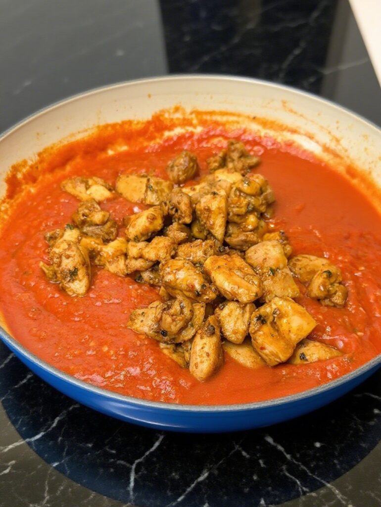 Marinated chicken pieces being added to the creamy butter chicken sauce in a skillet, blending together.