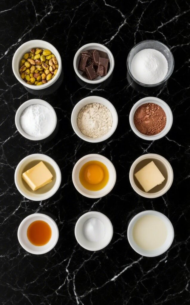 Ingredients laid out for making a chocolate pistachio ganache tart